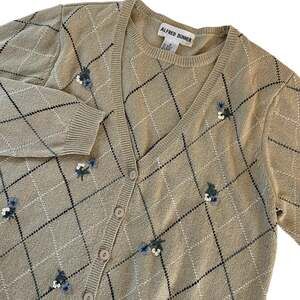 Vintage 90s Alfred Dunner Argyle & Floral Beaded Faux Sweater Set Women’s Medium